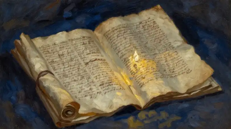 An ancient manuscript and scrolls in moody indigo light