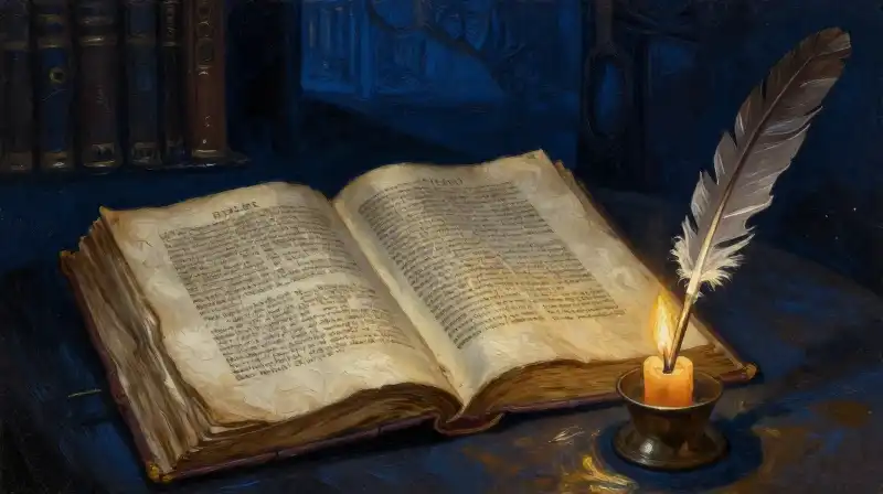 An ancient manuscript and quill illuminated by candlelight in a blue library