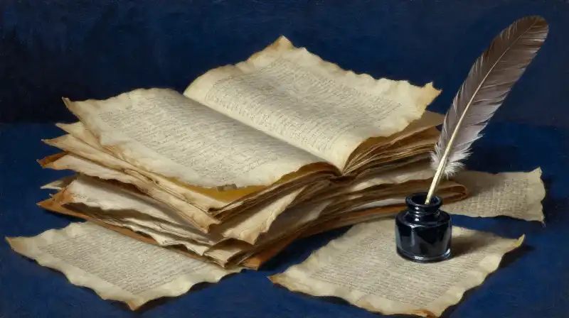 Stack of ancient manuscripts and a quill in blue tones