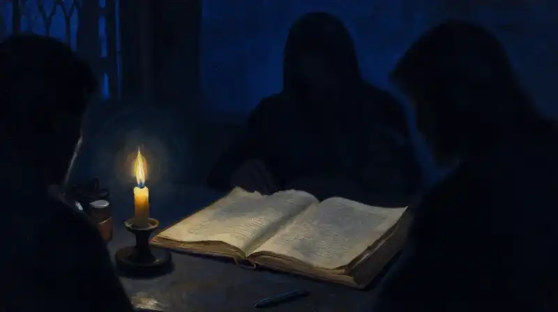 Shadowy literary figures studying an old manuscript in blue light
