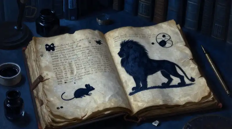 Ancient manuscript with lion and mouse silhouettes in dark blue tones