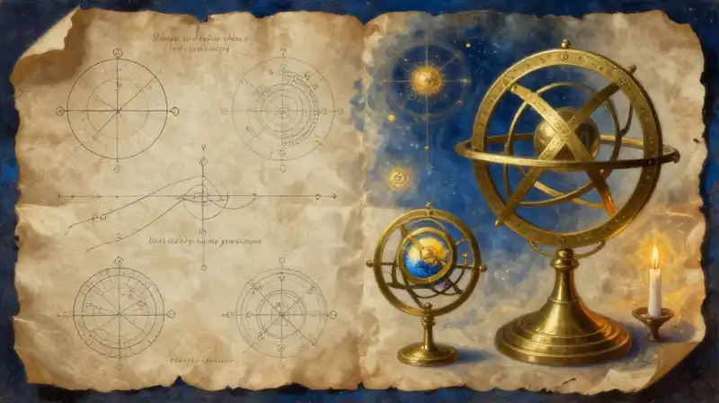 Mathematical diagrams and a brass astrolabe in midnight blue tones