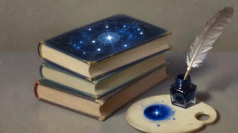 Stack of old books with glowing celestial star maps