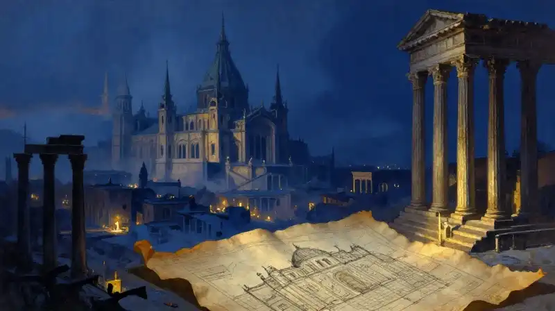 Epic historical landscapes and architectural blueprints in deep blue tones