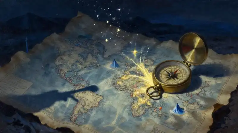 Antique map and compass blending history with mythic starlight