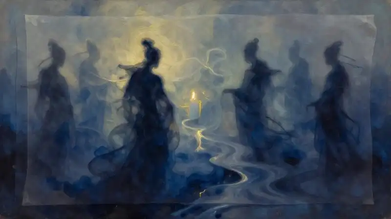 Ethereal historical figures layered over ancient parchment in deep blue tones