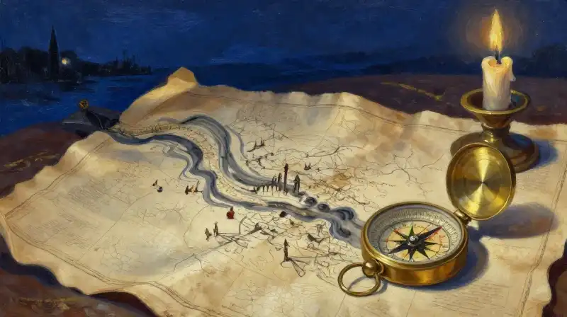 An antique map and compass in a candlelit study