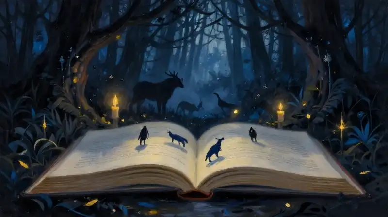 Magical forest emerging from an open book in indigo tones