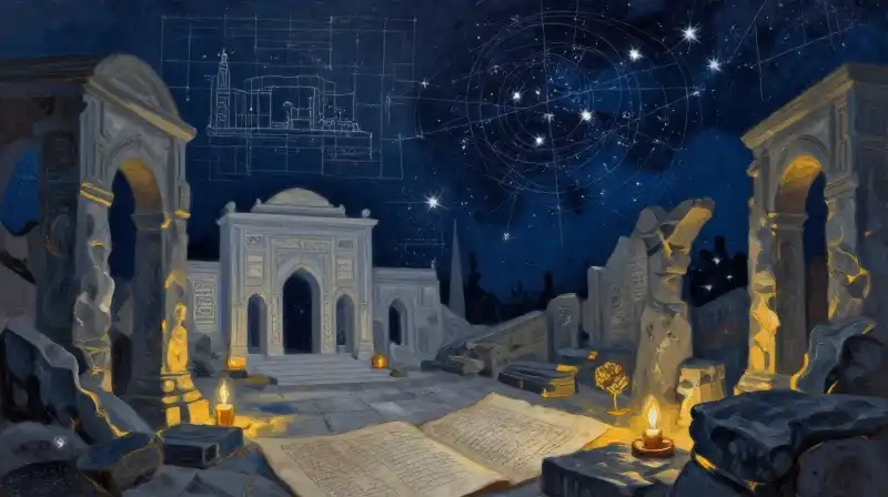 Layered ancient blueprints and manuscripts in moody indigo tones