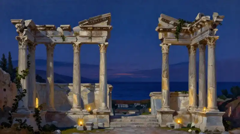 Ancient Roman ruins transitioning into medieval architecture under a blue twilight sky