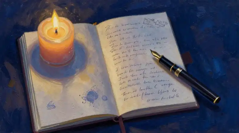 An open handwritten diary and quill in moody blue light