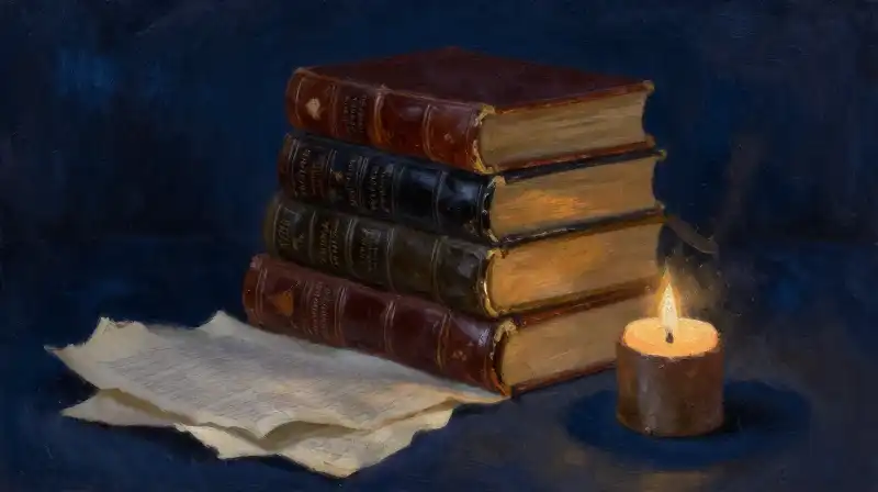 Stack of vintage books and parchment in moody blue lighting