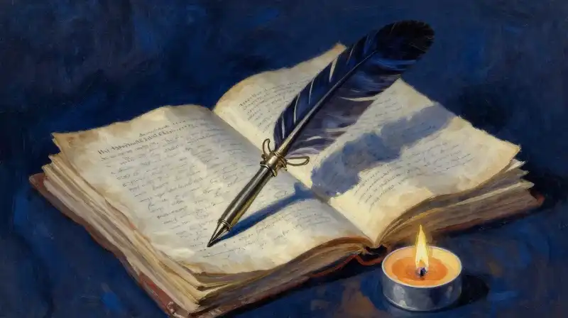 Antique quill and manuscripts in moody indigo lighting