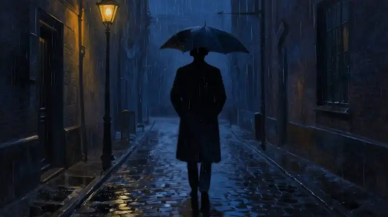 Hardboiled detective in a dark rainy urban alleyway