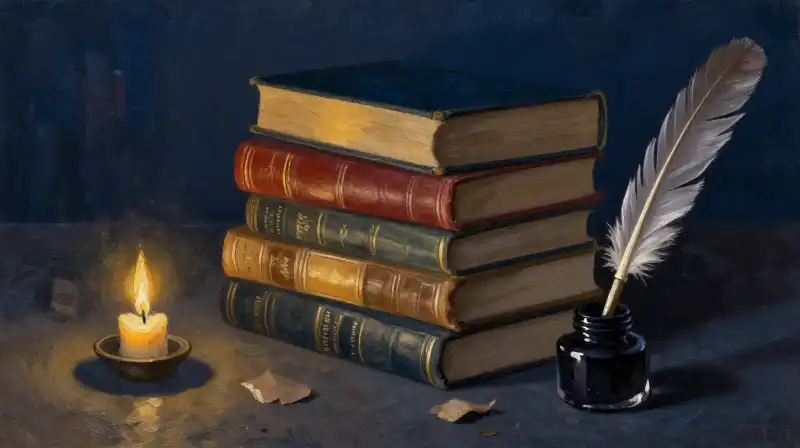 Stack of classic mystery books in a moody blue library