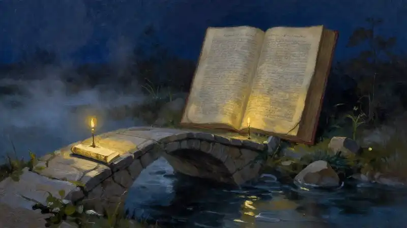 A stone bridge connecting a small book to a large classic volume