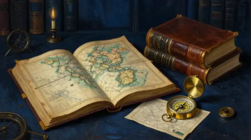 Antique maps and nautical books in a dark blue library