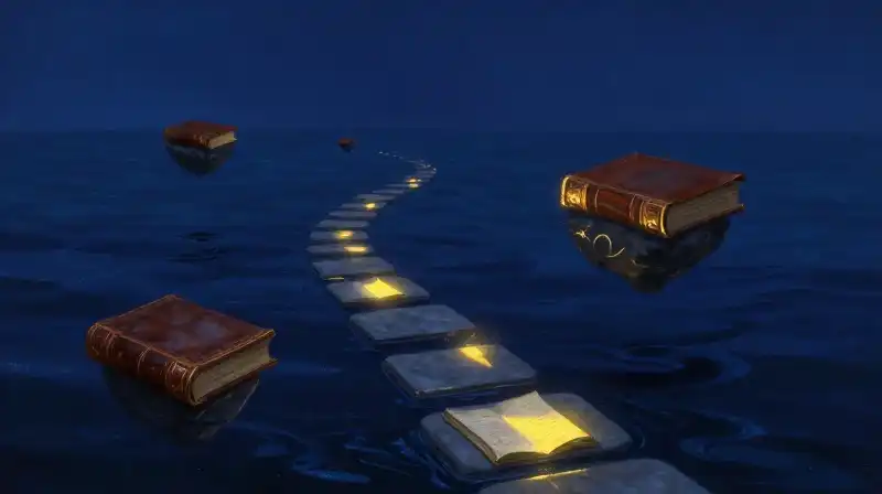A glowing path of books leading through a dark blue sea