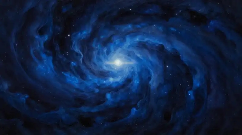 Painterly sci-fi landscape of cosmic geometry in deep blue tones