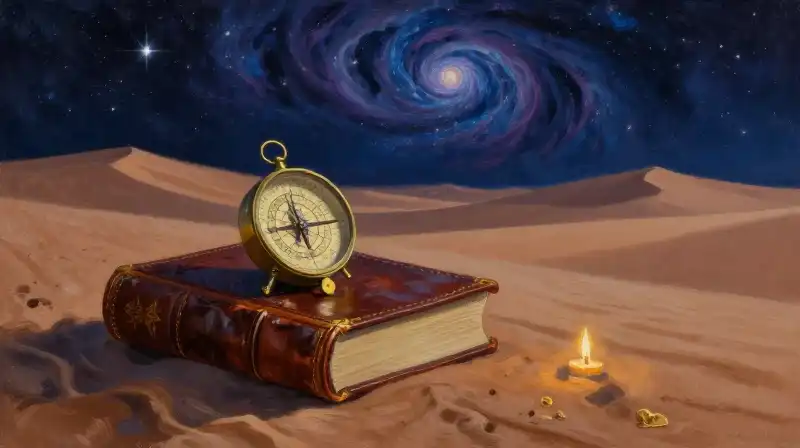 Vintage science fiction books and desert dunes under a starry sky