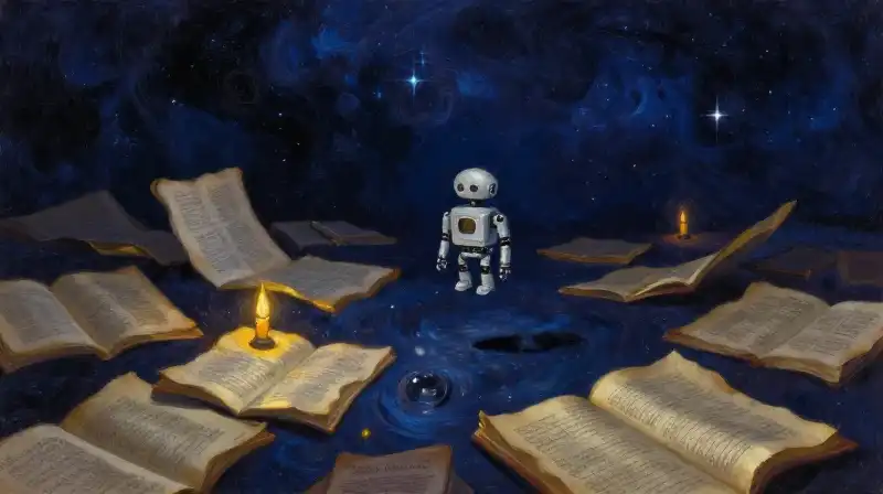 Atmospheric sci-fi books and a small robot part in deep blue tones