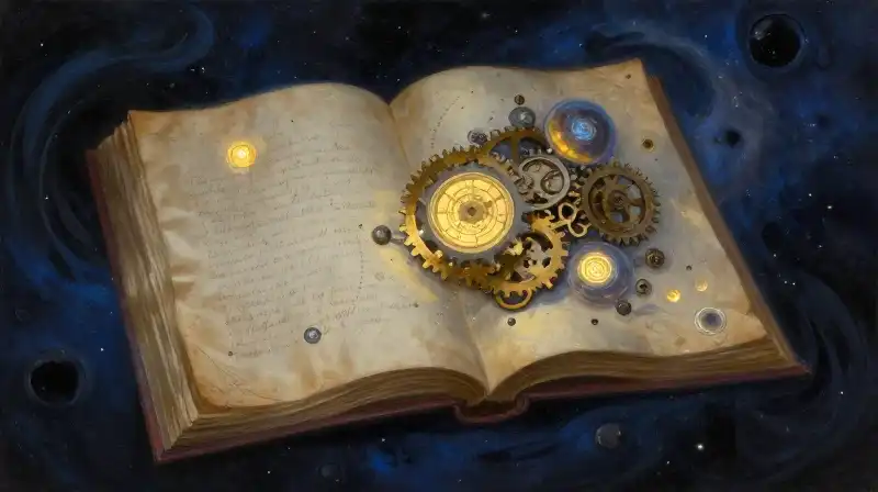 An open book merging with cosmic stars and biological shapes