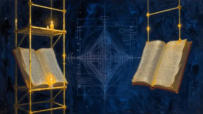Ethereal golden lines forming an architectural structure around floating book pages