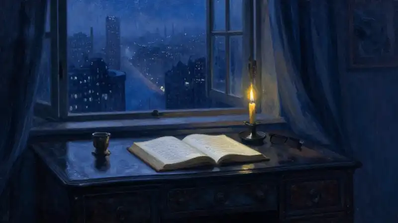 Atmospheric literary scene of an open manuscript by candlelight