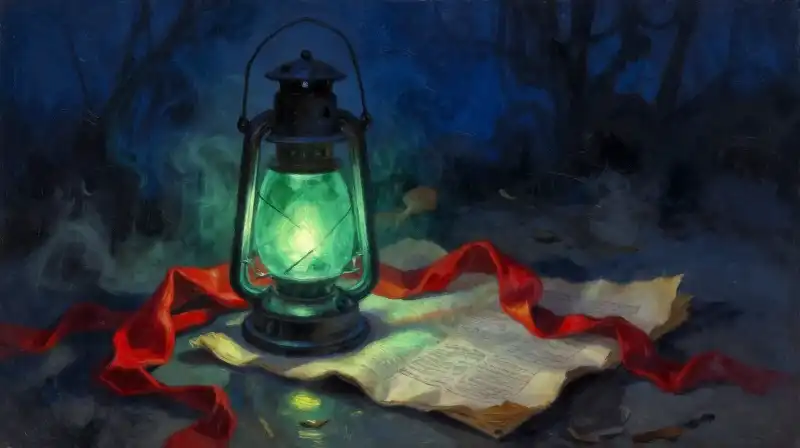 A glowing green lantern and scarlet ribbon on old manuscripts