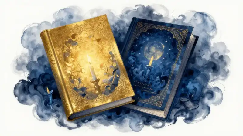 Overlapping ancient books in deep indigo and gold light