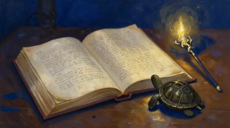 An open book with a tortoise and a magic wand in indigo tones