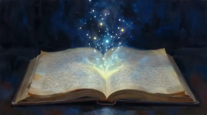 An open book with a glowing blue holographic light projection