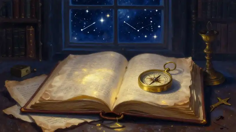 An open antique book and compass in deep blue tones