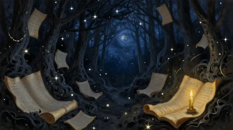 An atmospheric cosmic landscape blending with ancient literary scrolls in deep indigo
