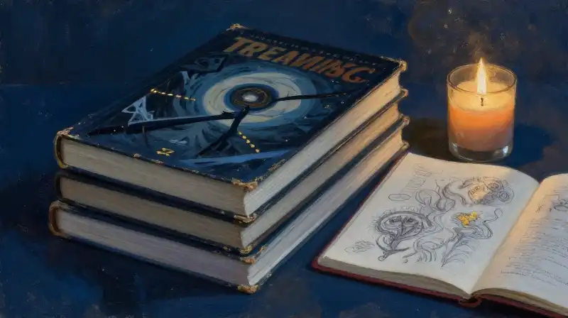 Stack of mature graphic novels and an open manuscript in dim blue light