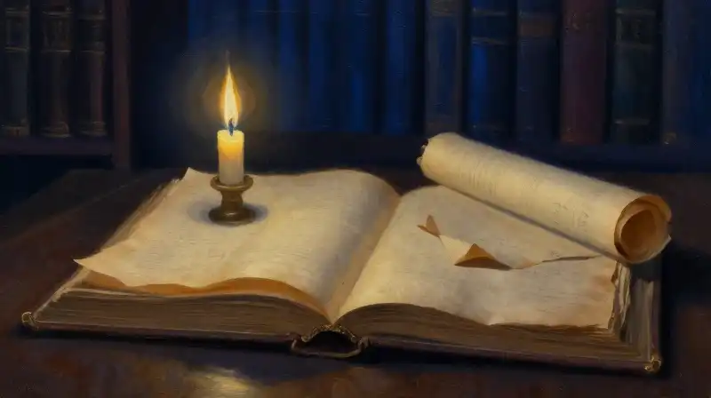 An open antique book with parchment scrolls in moody blue light