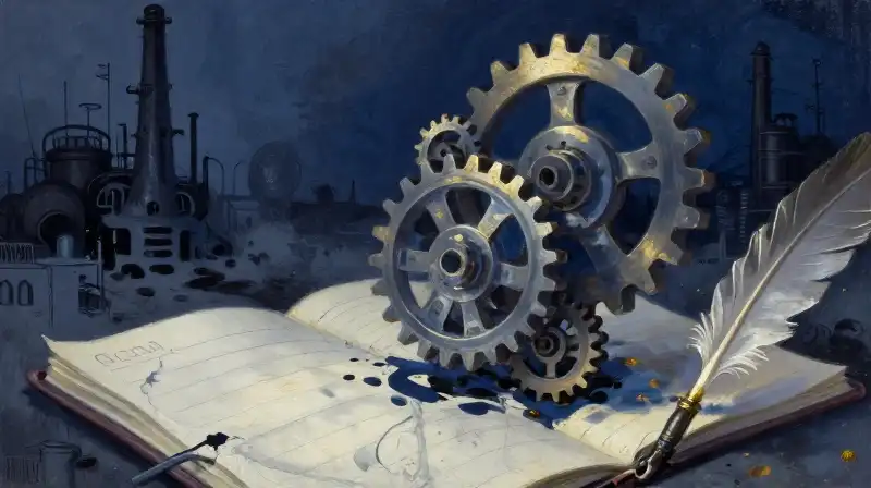 A soulful spirit trapped within industrial gears and ledgers