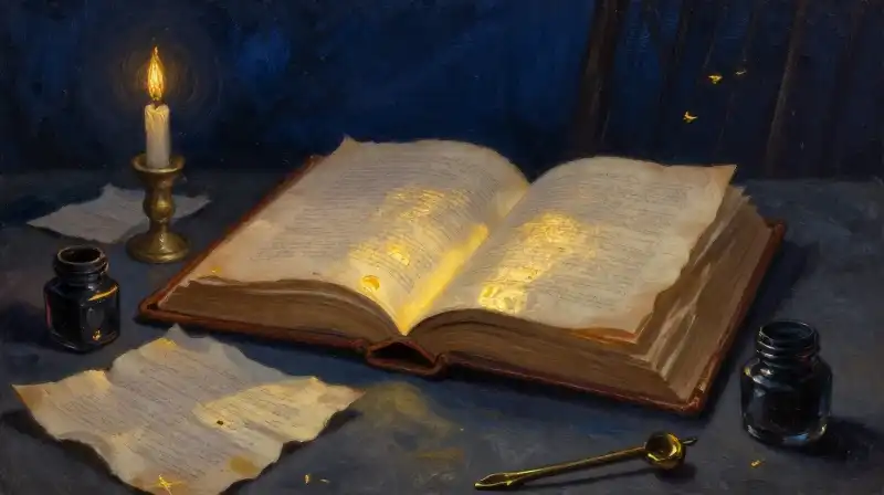 An open vintage book emitting a warm golden glow in a blue study