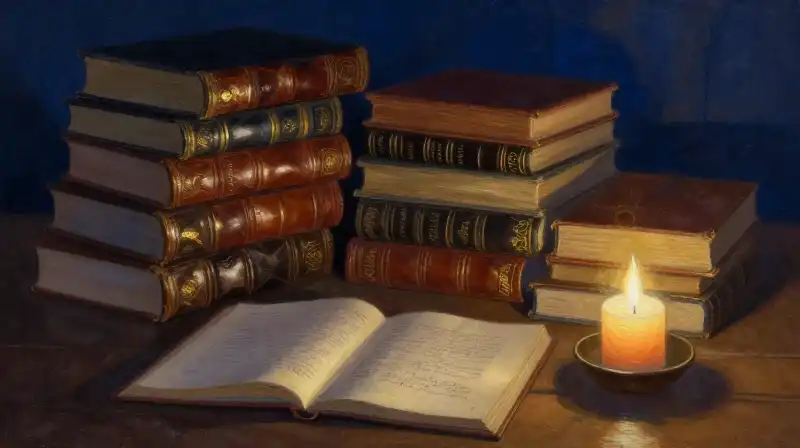 An atmospheric still life of antique books in moody indigo tones