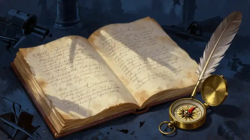 Atmospheric literary illustration of an open manuscript with a vintage compass