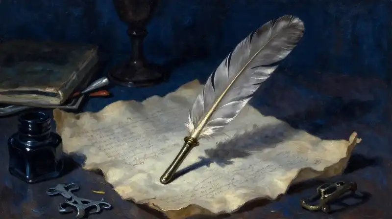 An antique quill and parchment in a moody blue study