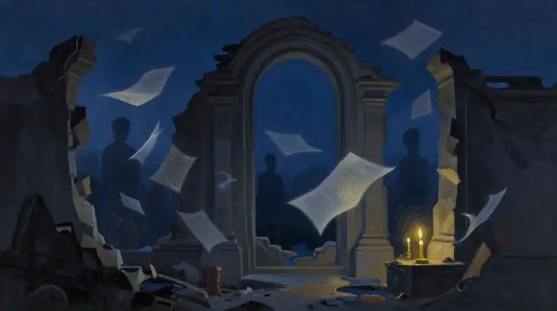 Ethereal ruins and floating pages in deep indigo tones
