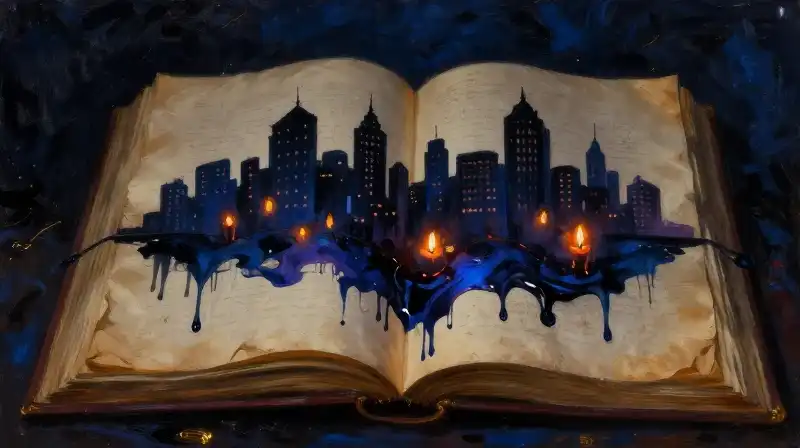 An open book merging historical ink with a modern city silhouette