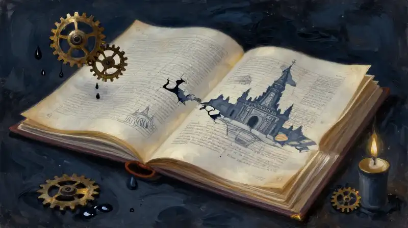 Layered ancient manuscripts and architectural blueprints in indigo tones