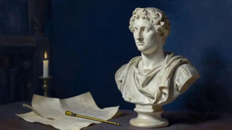 Roman marble bust and scrolls in moody blue lighting