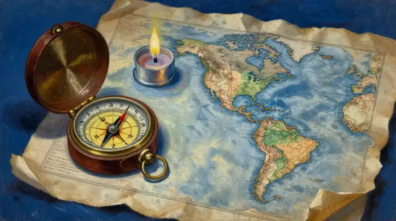 Vintage compass and map of the Americas in moody blue tones
