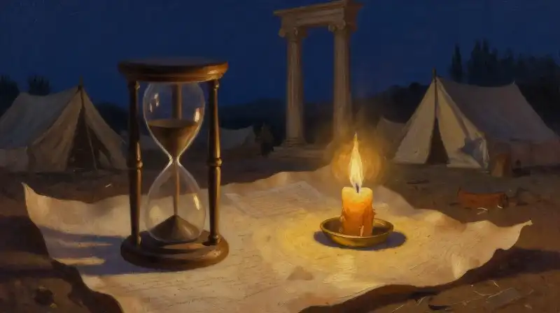 An hourglass on parchment amidst historical shadows and blue light