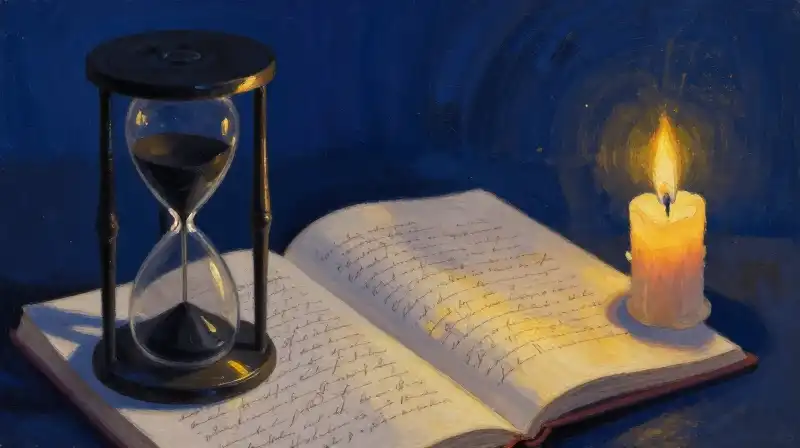 An hourglass and manuscript in moody indigo light