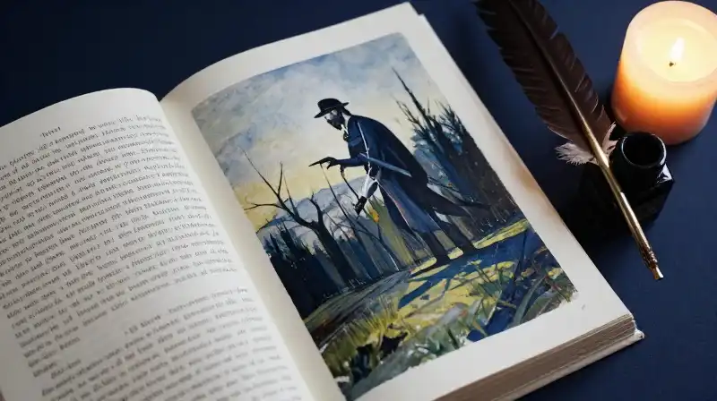 Open book showing alternating text and beautiful illustrations in indigo tones