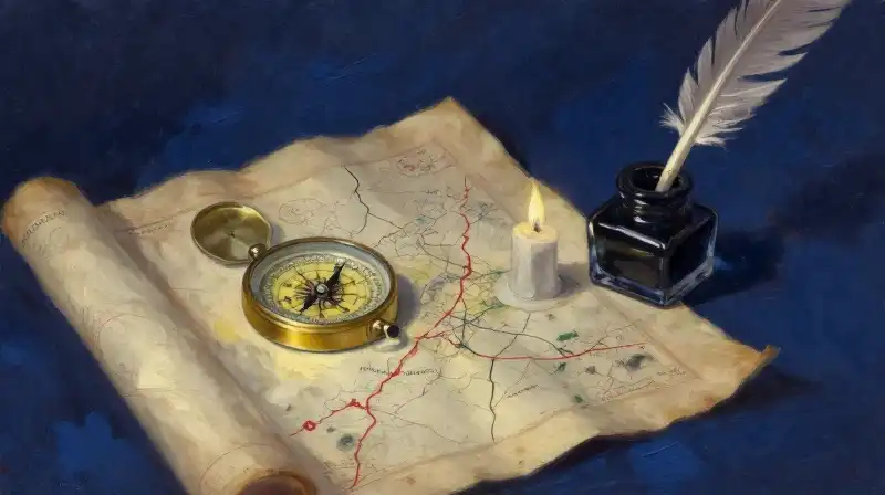 Antique compass and quill on a blue-toned literary map